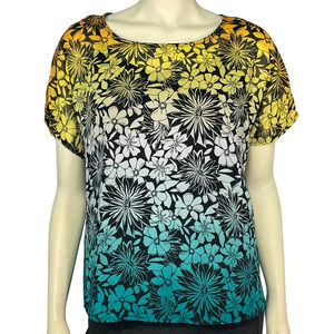 3/$20 New Directions Sz M Pullover Top Colorful Yellow Blue Ombre Floral Chiffon